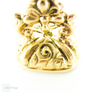 Vintage 9 Carat Gold Fob, Small Gold Watch Fob with Blank Bloodstone Seal and Floral Design Top, Circa 1990s.