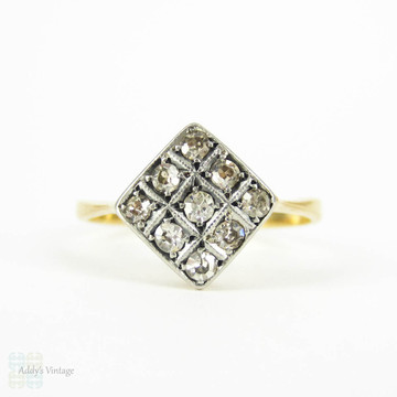 Antique Diamond Ring, Nine Stone Pave Set Square Shape Engagement Ring with Milgrain Beading Detail. Circa 1890s, 18 Ct & Platinum.