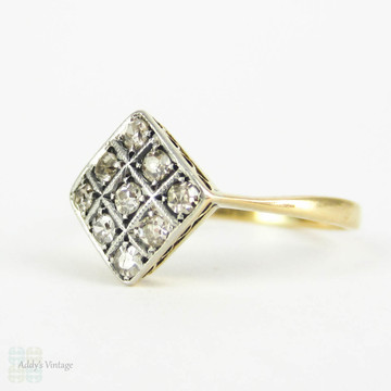 Antique Diamond Ring, Nine Stone Pave Set Square Shape Engagement Ring with Milgrain Beading Detail. Circa 1890s, 18 Ct & Platinum.