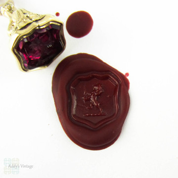 Antique Heraldry Lion Rampant Fob, 1800s Gold Filled Intaglio Seal with Bright Pink Quartz Gemstone. Lion Ranpant Holding Sword.