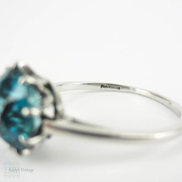 Vintage Blue Zircon & Platinum Engagement Ring, Blue Zircon Solitaire in Platinum Claw Setting, Late Art Deco Single Stone Ring.