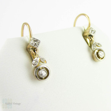 Art Nouveau Diamond Earrings, Floral Design Dangle Earrings with Bezel Set Diamonds. Circa 1910s, 18ct & Platinum.