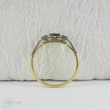 Art Deco Diamond Engagement Ring. Three Stone Trilogy Ring with Engraved Shoulders in Yellow Gold with Platinum Top, Circa 1920s.