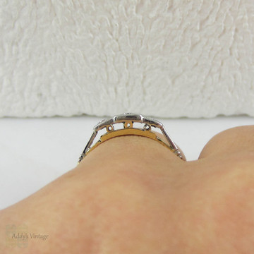 Art Deco Diamond Engagement Ring. Three Stone Trilogy Ring with Engraved Shoulders in Yellow Gold with Platinum Top, Circa 1920s.