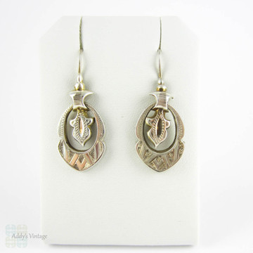 Antique Aesthetic Movement Earrings, Victorian Sterling Silver Geometric Design Dangle Earrings with Moveable Drops, Circa 1880s.
