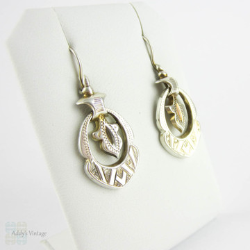 Antique Aesthetic Movement Earrings, Victorian Sterling Silver Geometric Design Dangle Earrings with Moveable Drops, Circa 1880s.