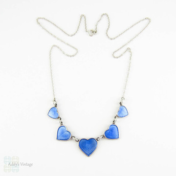 Mid Century Enamel Necklace by Volmer Bahner, Denmark. Scandinavian Sterling Silver & Blue Enamel Heart Design, Circa 1960s.