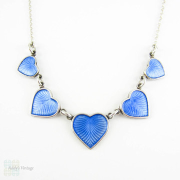 Mid Century Enamel Necklace by Volmer Bahner, Denmark. Scandinavian Sterling Silver & Blue Enamel Heart Design, Circa 1960s.