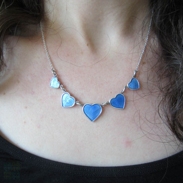 Mid Century Enamel Necklace by Volmer Bahner, Denmark. Scandinavian Sterling Silver & Blue Enamel Heart Design, Circa 1960s.