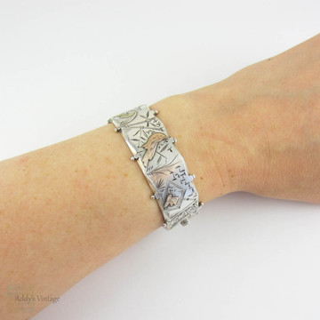 Victorian Aesthetic Sterling Silver Cuff Bracelet, Silver with 9 Carat Gold Overlay in Bird & Butterfly Design. Circa 1880s Wide Bracelet.