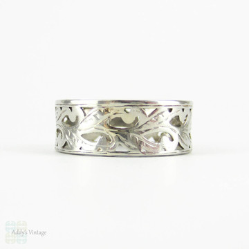 Vintage Platinum Wedding Ring, Wide Pierced Design Band with Foliate Engraving by Slade & Woolf. Circa 1930s, Size K / 5.3.