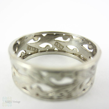 Vintage Platinum Wedding Ring, Wide Pierced Design Band with Foliate Engraving by Slade & Woolf. Circa 1930s, Size K / 5.3.