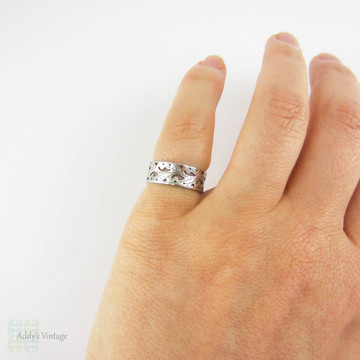 Vintage Platinum Wedding Ring, Wide Pierced Design Band with Foliate Engraving by Slade & Woolf. Circa 1930s, Size K / 5.3.