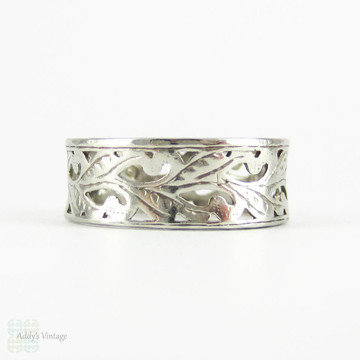 Vintage Platinum Wedding Ring, Wide Pierced Design Band with Foliate Engraving by Slade & Woolf. Circa 1930s, Size K / 5.3.