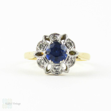 Vintage Sapphire & Diamond Engagement, Mid Century Blue Sapphire in Snowflake Floral Style Diamond Halo. 18 Carat Gold.