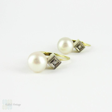 Vintage Cultured Pearl & Diamond Earrings, Mid Century 14 Carat Gold Dormeuse Earrings. Circa 1940s - 1960s.