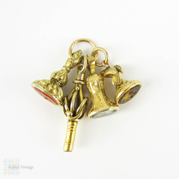 Set of 4 Antique 19th Century Seals, Fobs, Watch Key. Miniature Georgian Bird Fobs "Sarah", 18ct Gold, Gold Cased, and Gold Filled.