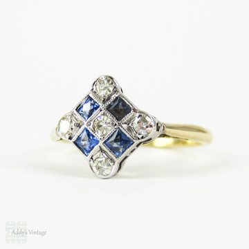 Art Deco Diamond & Sapphire Ring, Chequerboard Design with Round Cut Diamonds and Square Cut Blue Sapphire. 18 ct & Platinum.