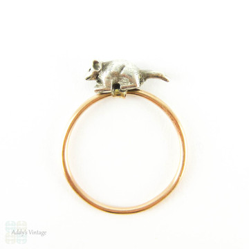 Mouse Ring, Vintage Moveable Running Sterling Silver Mouse on 14 Carat Gold Band.