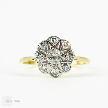 Vintage Diamond Flower Engagement Ring, Daisy Shape Diamond Cluster Ring, 0.33 ctw. Circa 1940s, 18 Carat Gold.