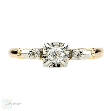 Old European Cut Diamond Engagement Ring, Vintage Birks Three Stone 14k & 18k Gold.