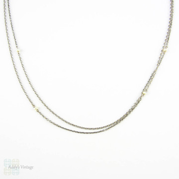 Antique Platinum & Cultured Pearl Chain, Circa 1910s Long Trace Chain with White Cultured Pearls. 71.5 cm / 28.15 inches.