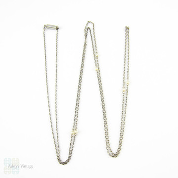 Antique Platinum & Cultured Pearl Chain, Circa 1910s Long Trace Chain with White Cultured Pearls. 71.5 cm / 28.15 inches.