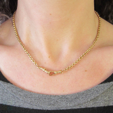 Antique 9 Carat Gold Chain Necklace, Heavy 19.3 gram Belecher Link 43 cm / 17 inch Chain With Dog Clips, Circa 1900s.