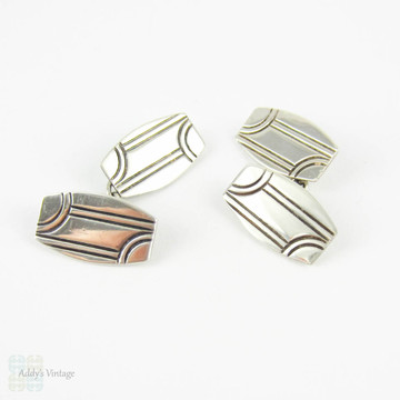 Vintage 1940s Cuff Links, Men's Sterling Silver Art Deco Style Cufflinks. Fully English Hallmarked, Mid 20th Century.