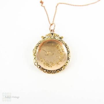 Antique Large Photograph Locket with Engraved Birds in Flight, Circular Locket with Floral Design. 9ct Gold Two-Tone Front & Back on 9k Rose Gold Chain.