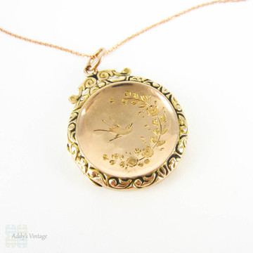 Antique Large Photograph Locket with Engraved Birds in Flight, Circular Locket with Floral Design. 9ct Gold Two-Tone Front & Back on 9k Rose Gold Chain.
