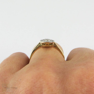 1920s Oval Shape Diamond Engagement Ring, Flower Design Art Deco Cluster Ring with Pierced Top & Milgrain Detail. 18ct & Platinum.