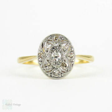 1920s Oval Shape Diamond Engagement Ring, Flower Design Art Deco Cluster Ring with Pierced Top & Milgrain Detail. 18ct & Platinum.