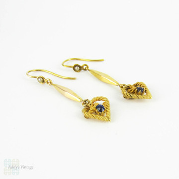 Victorian Heart Drop Earrings, Long Love Heart Shape Dangle Earrings with Blue Sapphires & Cultured Pearls. Circa 1880s, 9 Carat Gold.