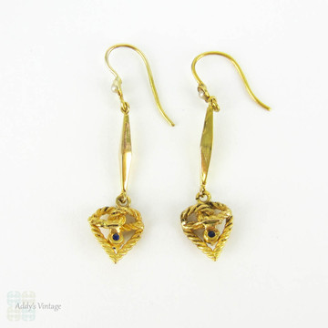 Victorian Heart Drop Earrings, Long Love Heart Shape Dangle Earrings with Blue Sapphires & Cultured Pearls. Circa 1880s, 9 Carat Gold.
