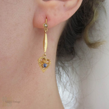 Victorian Heart Drop Earrings, Long Love Heart Shape Dangle Earrings with Blue Sapphires & Cultured Pearls. Circa 1880s, 9 Carat Gold.