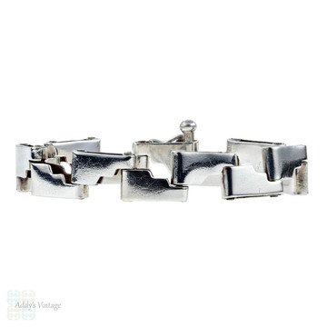 Mid Century Sterling Silver Bracelet, Step Ladder Design Heavy Wide Bracelet.
