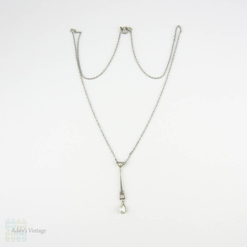 Old Cut Pear Diamond & Cultured Pearl Drop Necklace, Art Deco Pendant with Antique Pear Diamond. Circa 1930s, 9 Carat White Gold.