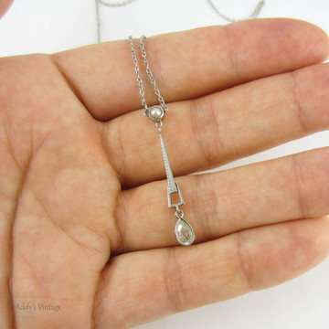 Old Cut Pear Diamond & Cultured Pearl Drop Necklace, Art Deco Pendant with Antique Pear Diamond. Circa 1930s, 9 Carat White Gold.