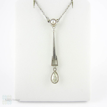 Old Cut Pear Diamond & Cultured Pearl Drop Necklace, Art Deco Pendant with Antique Pear Diamond. Circa 1930s, 9 Carat White Gold.