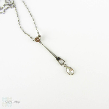 Old Cut Pear Diamond & Cultured Pearl Drop Necklace, Art Deco Pendant with Antique Pear Diamond. Circa 1930s, 9 Carat White Gold.