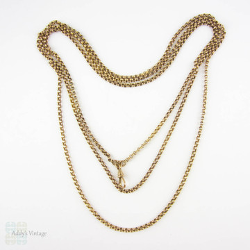 Antique Victorian 9ct Long Guard Chain, Rolo Link Necklace with Dog Clip. Circa 1880s, 146 cm / 57.5 inches, 23.55 grams.