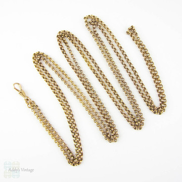 Antique Victorian 9ct Long Guard Chain, Rolo Link Necklace with Dog Clip. Circa 1880s, 146 cm / 57.5 inches, 23.55 grams.