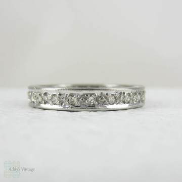 Art Deco Diamond Full Eternity Ring in White Gold. Ornate Engraved Wedding Ring. Beautiful Pattern & Miligrain Beading, Circa 1930s - 1940s.