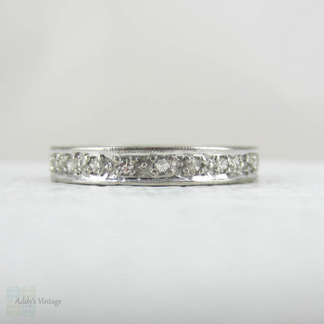 Art Deco Diamond Full Eternity Ring in White Gold. Ornate Engraved Wedding Ring. Beautiful Pattern & Miligrain Beading, Circa 1930s - 1940s.