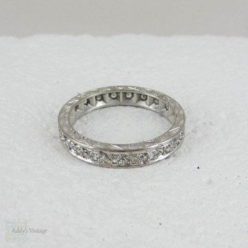 Art Deco Diamond Full Eternity Ring in White Gold. Ornate Engraved Wedding Ring. Beautiful Pattern & Miligrain Beading, Circa 1930s - 1940s.