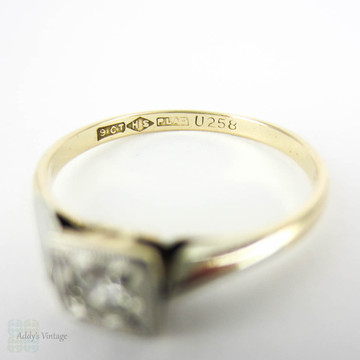 1940s Diamond Engagement Ring, Single Stone Bead Set Diamond in Square Top with Milgrain. 9 Carat Gold & Platinum.