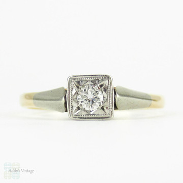 1940s Diamond Engagement Ring, Single Stone Bead Set Diamond in Square Top with Milgrain. 9 Carat Gold & Platinum.