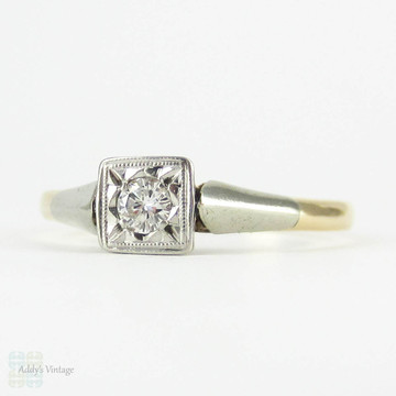 1940s Diamond Engagement Ring, Single Stone Bead Set Diamond in Square Top with Milgrain. 9 Carat Gold & Platinum.