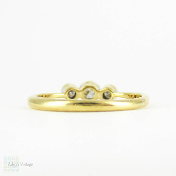 Vintage Three Stone Diamond Ring, Dainty Art Deco Bezel Set, Milgrain Edge Trilogy Engagement Ring, 0.16 ctw in 18 Ct Gold & Platinum.
